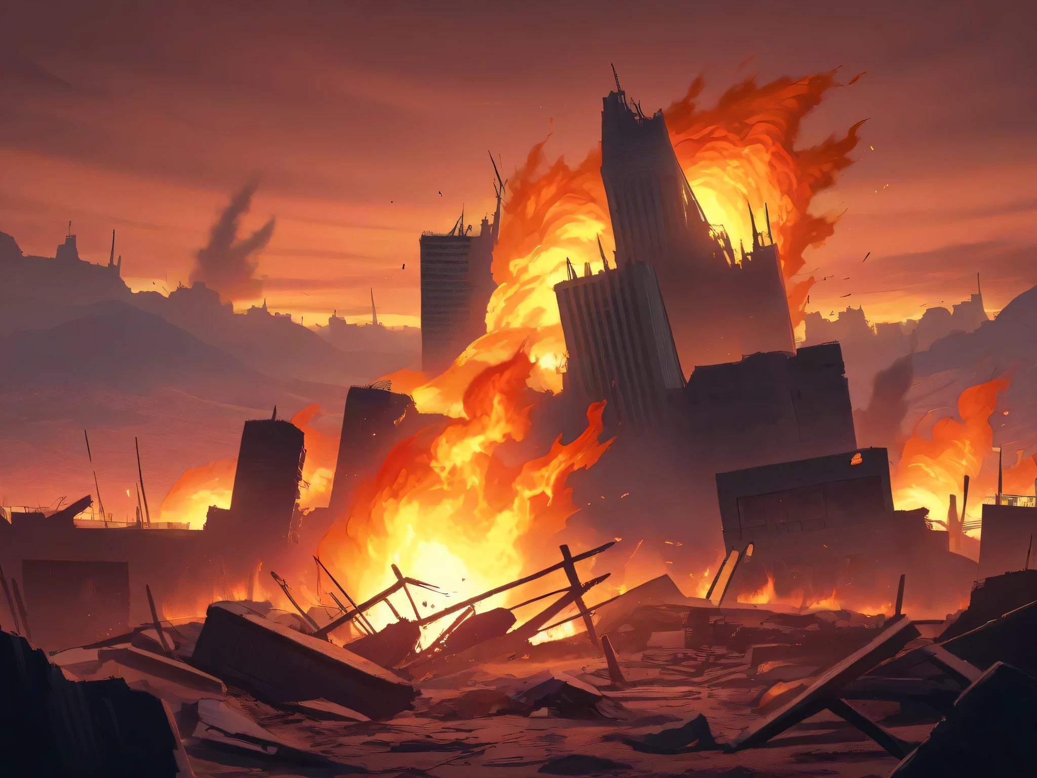 Cataclysm Fund, destroyed buildings,on fire,anime,predios caindo on fire, landscape only