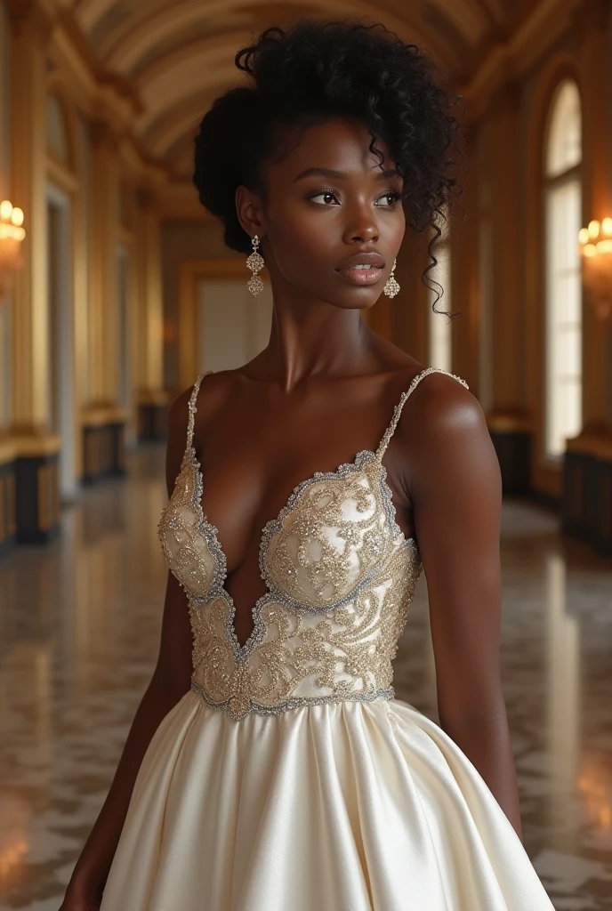 (masterpiece), best quality, expressive eyes, perfect face, big eyes, looking at viewer, large breast, big breast, short hair, small waist, smooth skin, mouth half open, Best Quality, Realistic, perfect figure, highly detailed, earrings, in a tightly fitted wedding dress, showing cleavage, black girl, dark skin, hair accessory, diamond small necklaces, her hair up and looks luxury, full dress in portrait, she is standing in front of a mirror, intricate dress design