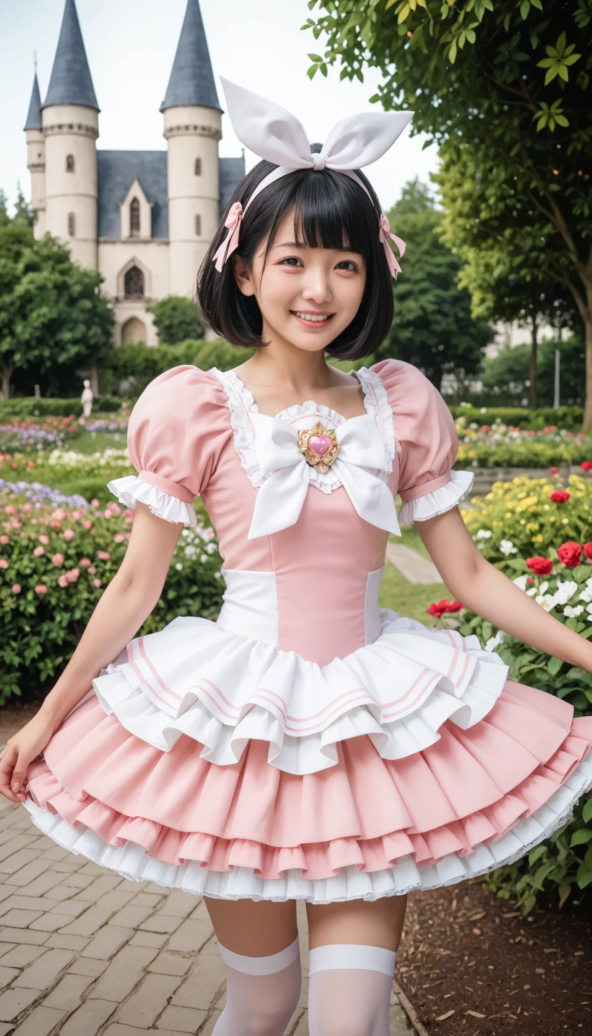 1 girl、running、 black hair、bob cut、blunt bangs, hair ribbon、pink、Magical Girl Clothes、miniskirt、ruffle dress, pinkのリボン, pinkチョーカー, layered skirt for two to spread legs, white stockings、pinkのハイヒール、smile、flower garden with a view of the castle in the distance、from front,cowboy shot,looking at viewe