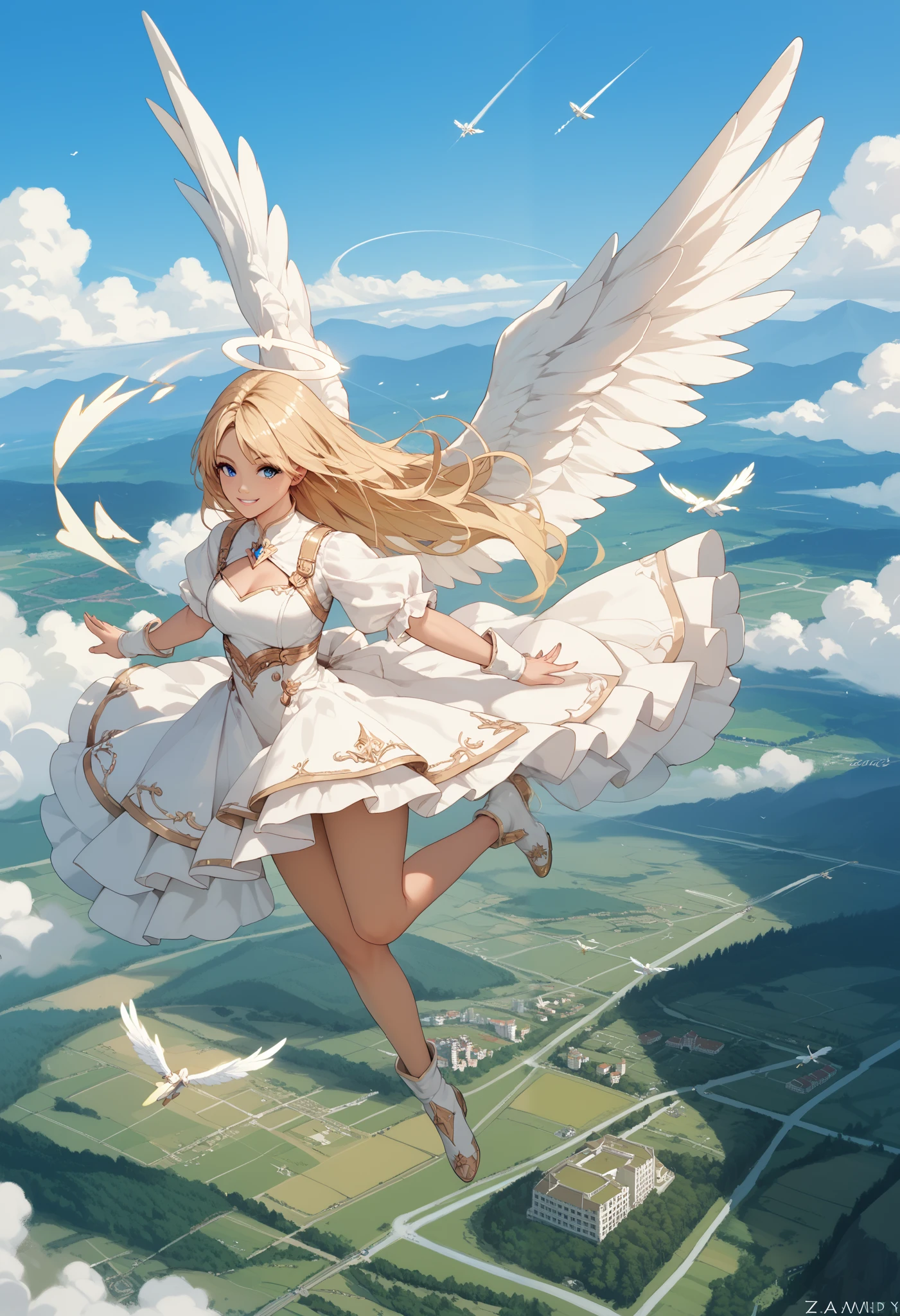 score_9, score_8_up, score_7_up, source_anime, high up, blonde hair, long hair, angel wings, smile, blue eyes, flying, landscape.