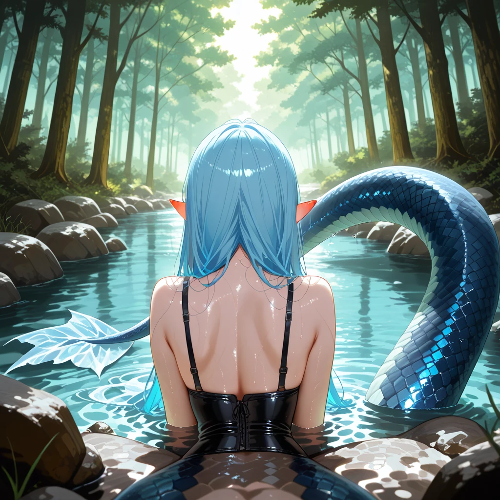 detailed snake skin, (Adult ), solo focus, (lamia), stoic, monster girl, (short horns), beautiful eyes, beautiful background, abandoned cabin, forest, light particles, sun rays, dramatic lighting, outside, grass, leaves, shiny (sapphire, pastel blue, blue gradient:1.5), realistic, masterpiece, best quality, ultra-detailed, detailed, scenery, beautiful detailed eyes, sleeping