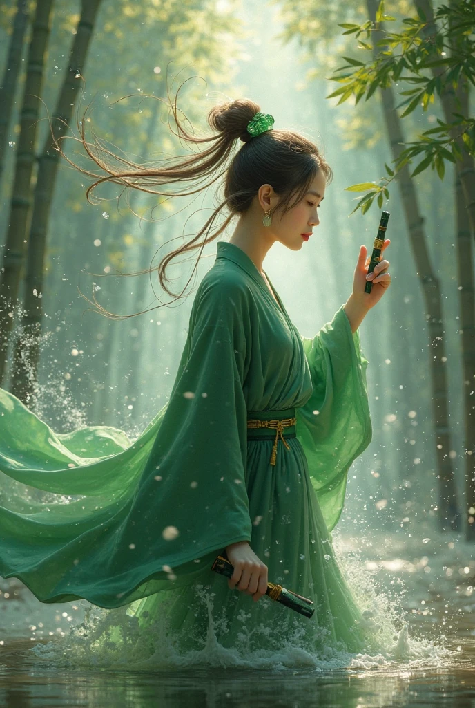 Janna transforms into jade sword skin, The green shirt is lifted by the tornado, The left hand seals and condenses the emerald wind dragon, Dew drops on the bamboo sword in the right hand。Scenes: The ancient bridge in the bamboo forest in the morning mist, The water under the bridge reflects her translucent spirit, The jade ornaments in her hair sway gently with the airflow, The dandelions at her feet are fixed in a suspended state by the wind pressure。shades:Ink and green+Gilt,reference《A wolf》Scenes构图,increase「Wind marks」dynamic blur(Such as pleats、 The direction of the bamboo leaves is unified)。 --style expressive --chaos 30