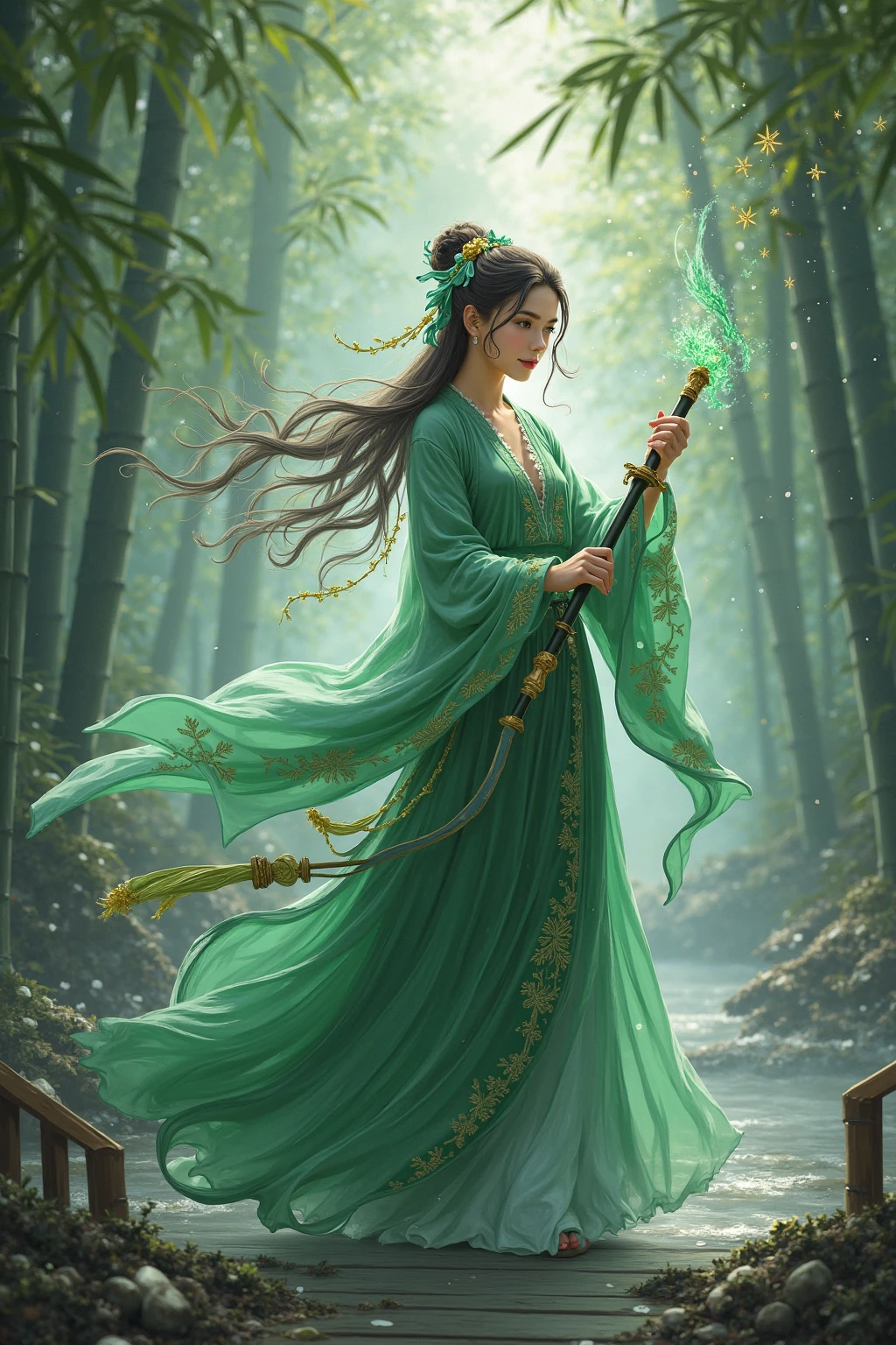  Janna transforms into jade sword skin， The green shirt is lifted by the tornado， The left hand seals and condenses the emerald wind dragon， Dew drops on the bamboo sword in the right hand。Scenes： The ancient bridge in the bamboo forest in the morning mist， The water under the bridge reflects her translucent spirit， The jade ornaments in her hair sway gently with the airflow， The dandelions at her feet are fixed in a suspended state by the wind pressure。shades：Ink and green+Gilt，reference《A wolf》Scenes构图，increase「Wind marks」dynamic blur（Such as pleats、 The direction of the bamboo leaves is unified）。 --style expressive --chaos 30