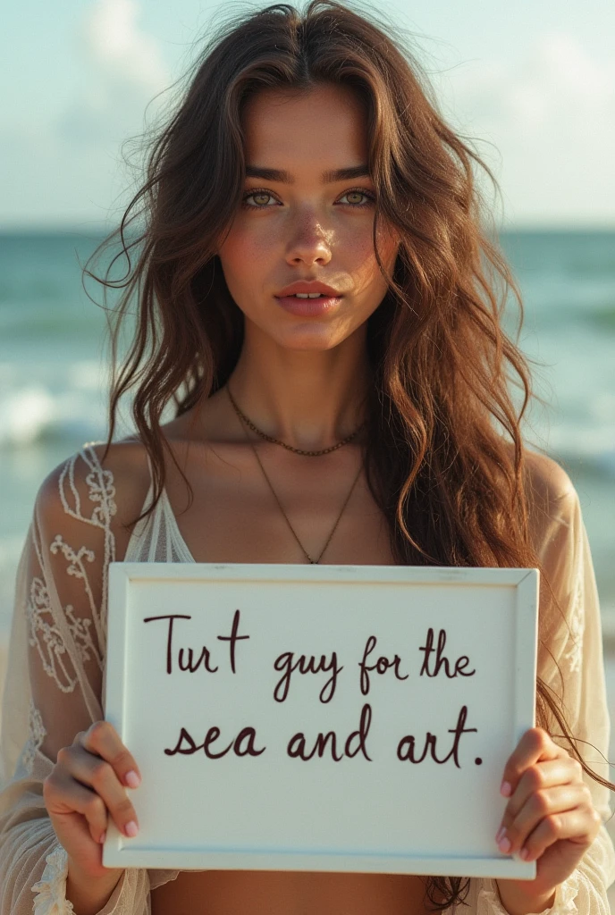 Beautiful girl with wavy long hair，Dressed in a bohemian style，Holding a whiteboard with the words &quot;I Love SeaArt Infinity&quot;，and show the audience