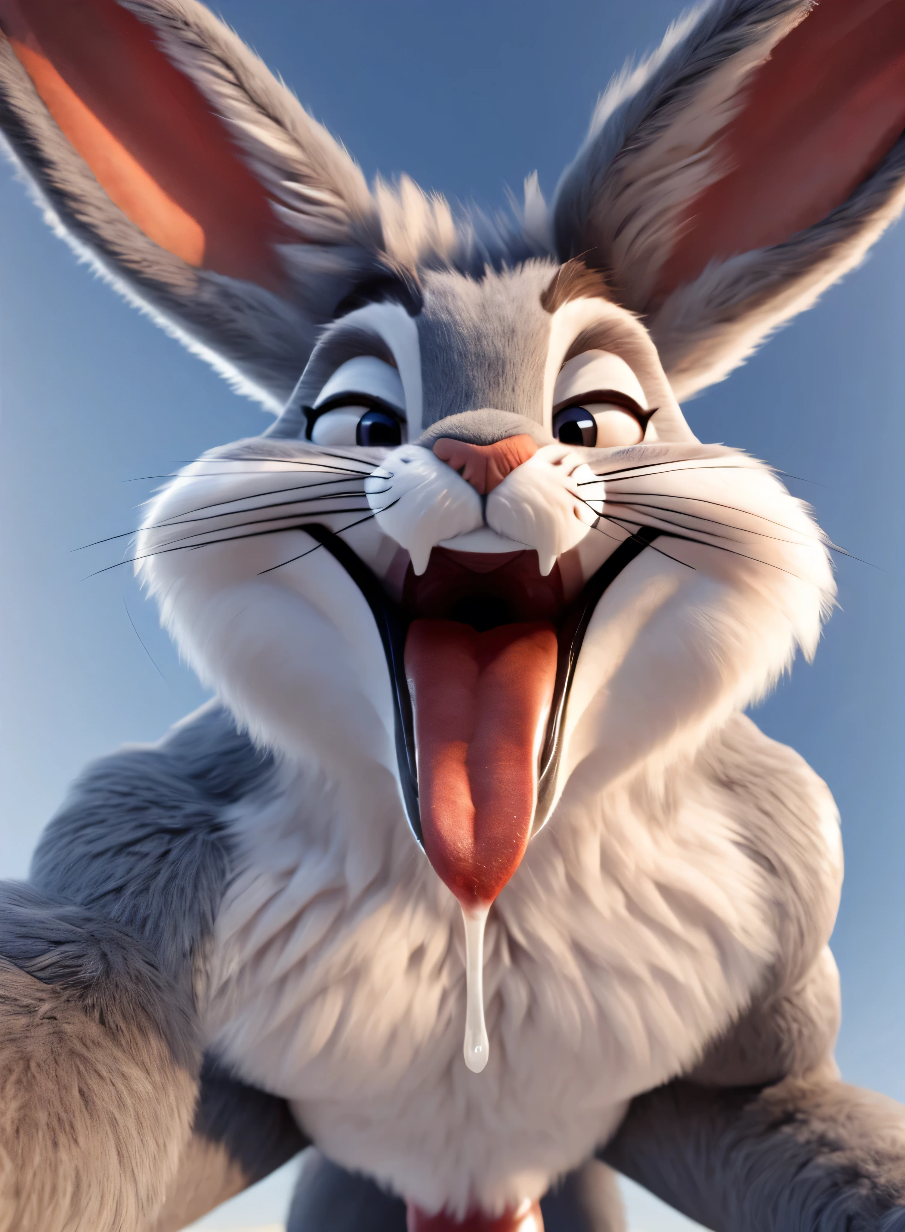 detailed bedroom eyes, (white sclera:1.2),
BREAK
Butt shot , macro point of view, Bugs Bunny, fluffy tail, chest fluff, long thick penis, gaping anus dripping with cum, looking at viewer, bedroom eyes, mouth wide open, tongue hanging out, uvula showing