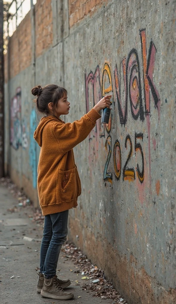 (photorealism:1.2), Image of a Colombian girl around 8 years old with a sad expression on her face, with brown skin and curly hair, dressed in a simple school uniform, standing in a dilapidated urban alleyway. The girl holds yellow spray paint, It is noticeable that he is covering the black FARC-EP acronym painted on the wall with a spray paint that forms the Colombian flag. (yellow, blue, and red). The background is a worn brick wall with other faded graffiti around, symbolizing the fight against censorship and hate. The girl, looking towards the wall.