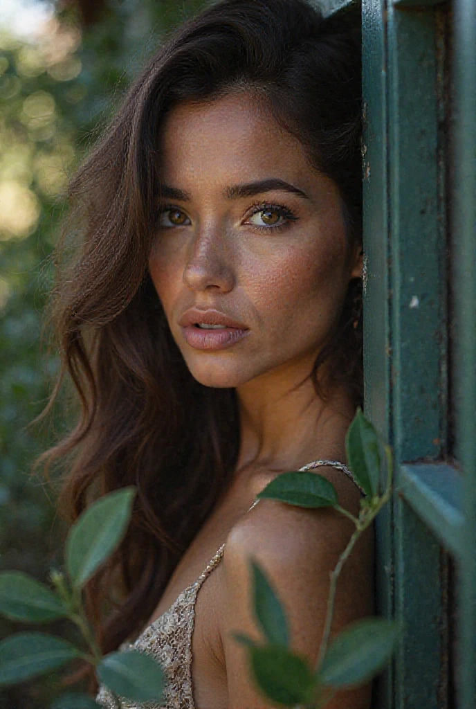 (a sexy topless woman), she is beautiful , Brown hair, long Brown hair, she has expressive eyes, ( Only olive green eyes) Her skin is light and she has some light freckles on her cheekbones.., busty,