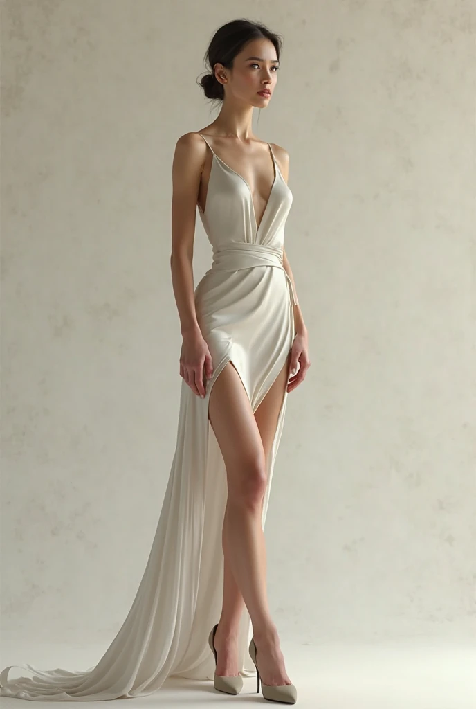 Top quality, Masterpiece, hyper HD, (Photorealistic: 1.4), RAW photo, 1girl,solo,Fashion model,Wearing a white mermaid wedding dress, v-neck dress style, Lace material, long tail, full body, in white room with indoor decorative palm tree,Stand upright and look straight.