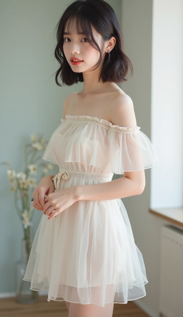 ((actual)), 1 busty girl, Posing for photos, exteriors, Seafront, Lie flat on the beach, Cross ed leg, pretty legs,detailed scene, curlies, Air bangs, beautiful hair ornaments, Brownish-yellow hair, (((Transparent see-throught dress)))((Sweet girly clothes 4,Off-the-shoulder dress,jewely,)), illuminate warmly, warm color palette, Detailed details, ultra - detailed, (tmasterpiece, Best quality at best), (An extremely delicate and beautiful work), Delicate earrings, Delicate necklace, simple blurr background, Extremely detailed description, Ultra-fine painting, delicated face, slim toned body, (ssmile, Teeth are exposed), (Anatomical correct)
