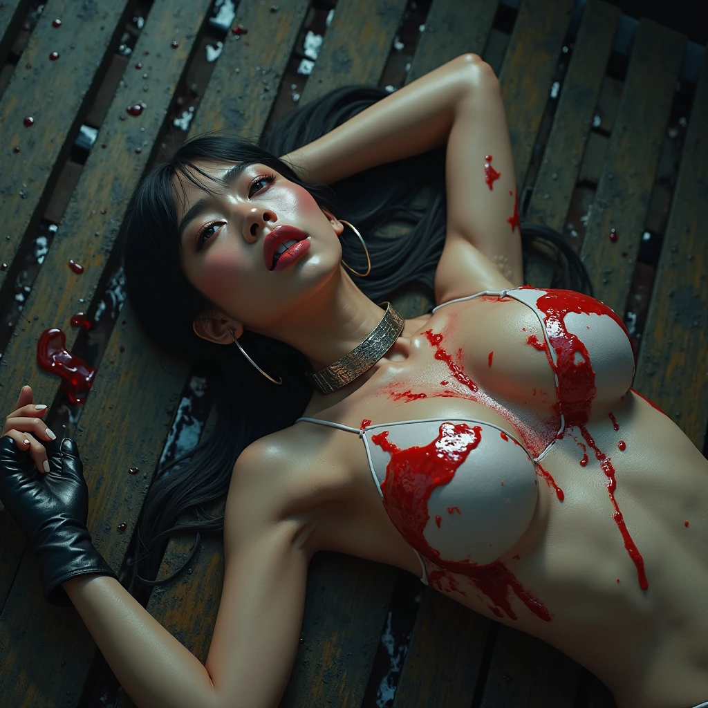 Beautiful asian woman, scar on the body, sweat, blood on face, bleeding, red lips, thick long hair, red micro bikini, g string bikini, big breast, curve hourglass body, red high heels, furrowed eyebrows, closing eyes, show theets, lying on a garbage, dirty place, wet place, open leg. Wet floor, night, dark