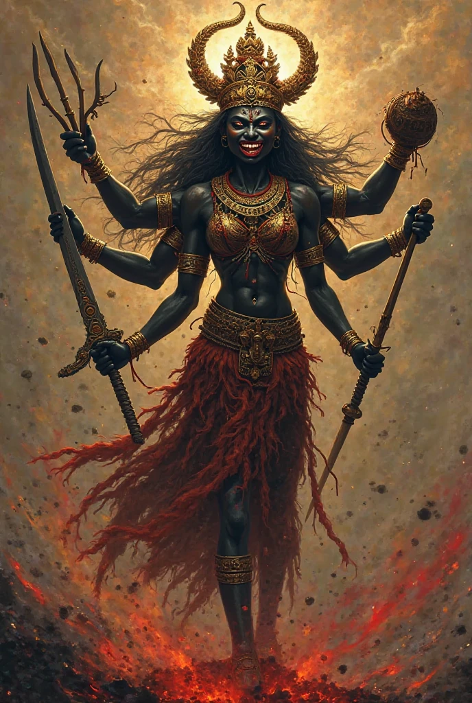 mani.dvipa Goddess Ghana, one of the Nitya Kali(s), is a fierce and formidable form of the Divine. She has four arms and three eyes, with terrifying teeth and a black complexion. Blood streams from the corners of her mouth, and she wears a girdle of dead men's hands. She holds a sword, a shield, a trident, and a club.