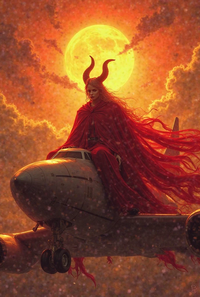 Scarlet devil sitting on top of a plane and the sky on fire with landscape