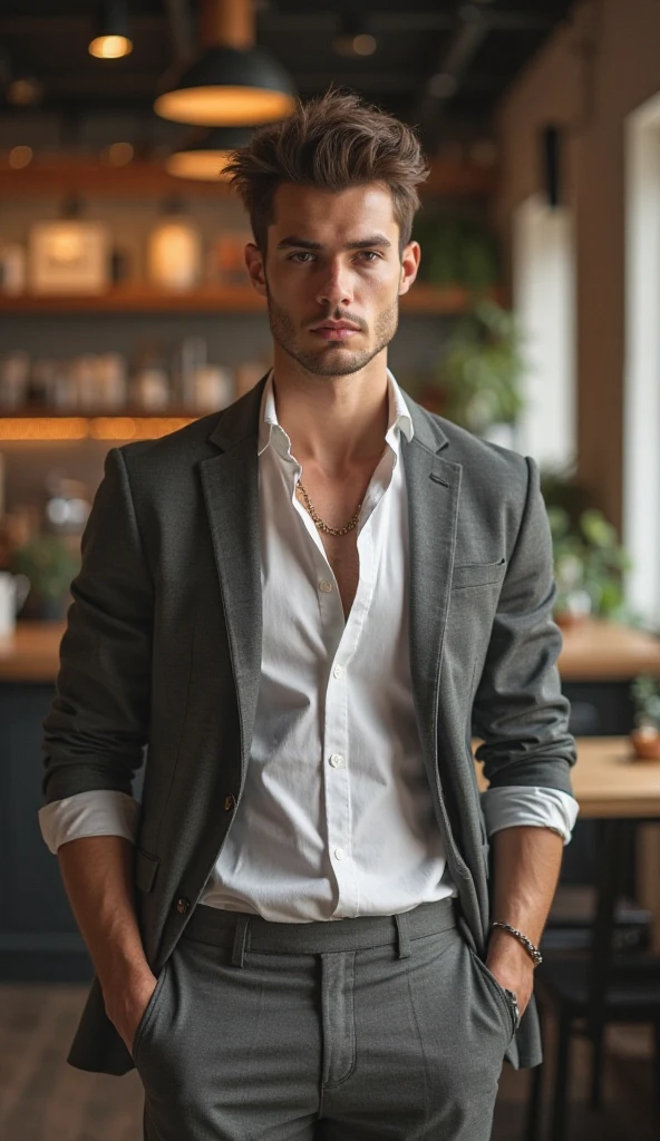 A young, fresh-faced man with a straight face, stylish clothes, and a fit body in a coffee shop