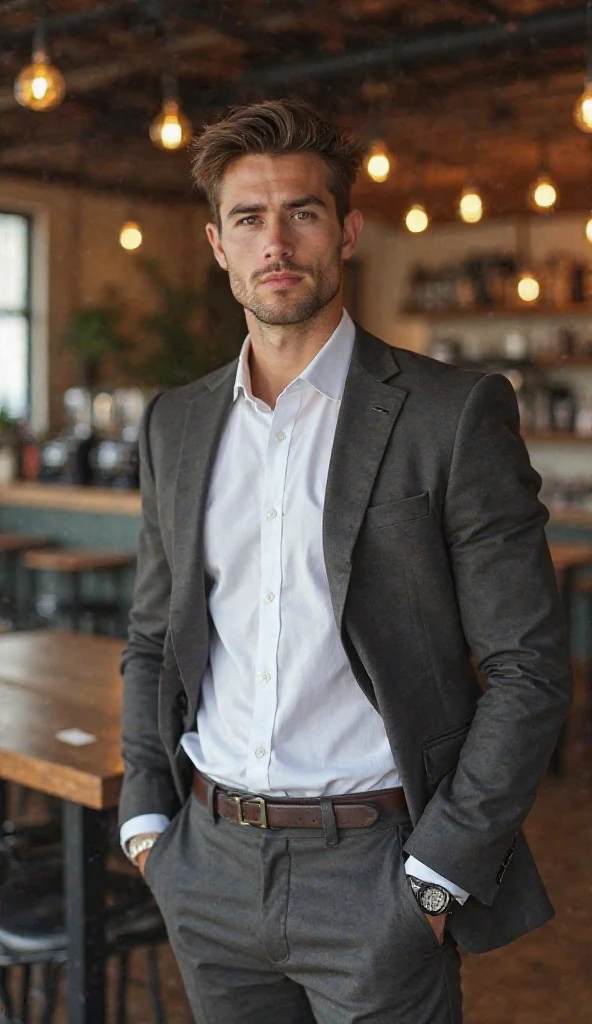A young, fresh-faced man with a straight face, stylish clothes, and a fit body in a coffee shop