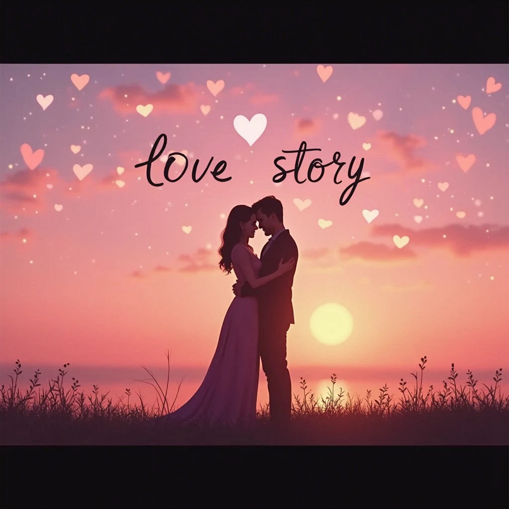 A romantic YouTube display picture featuring a couple in silhouette against a sunset, with soft pink and purple hues. The image has a dreamy, cinematic feel with subtle heart-shaped bokeh lights in the background. The words 'Love Story' are elegantly written in cursive, blending seamlessly with the romantic theme.