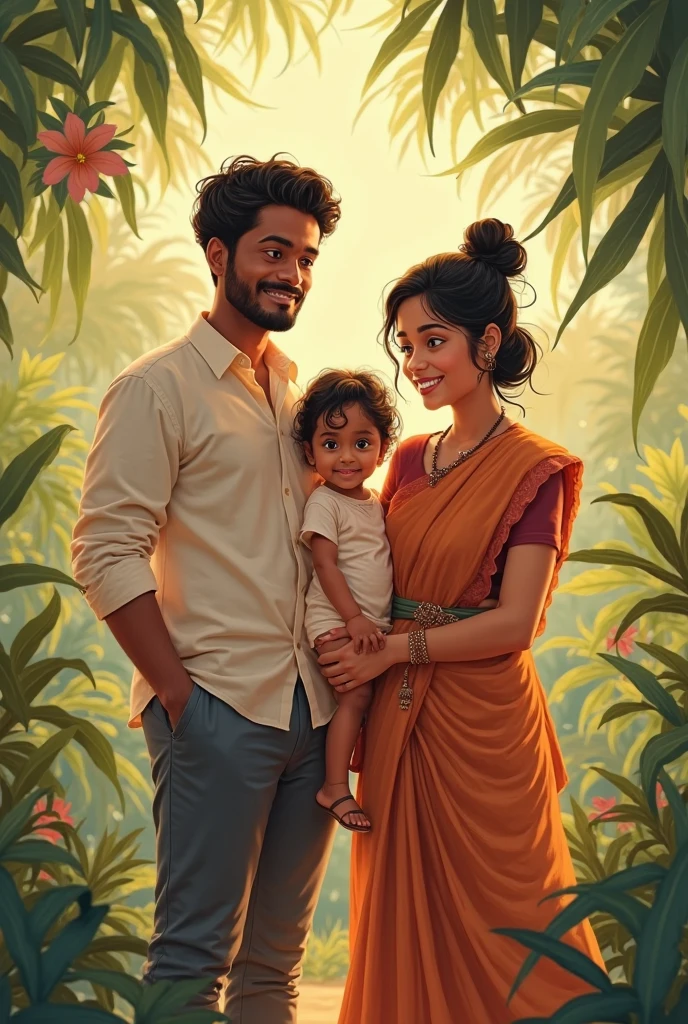 Tamil lean girl height 168 cm traditional green saree with mini kids and her husband height 170 cm white shirt