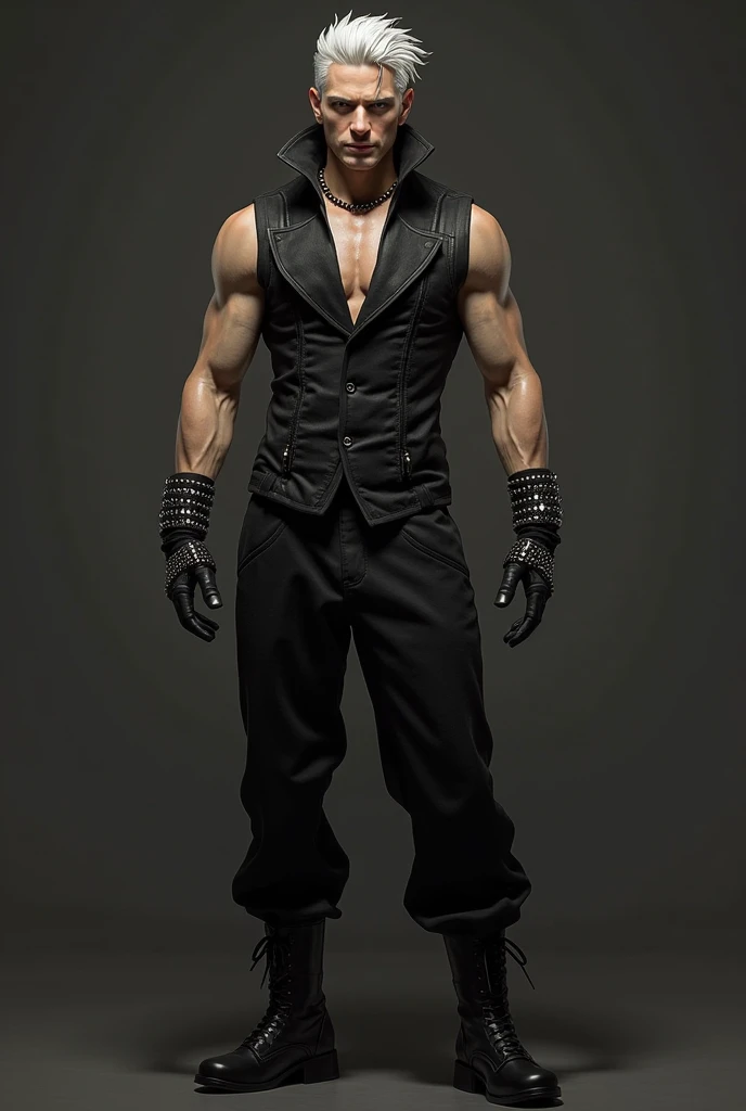 Full body image of a 17-year-old young man with dark skin, with 1,90 m tall and the power to control chains an athletic body. Ele tem cabelos blackws cacheados e uma faixa de baixo do cabelo, olhos blackws brilhantes. Your skin is black, blackw.  camisa regata branca com blackw e um casaco por cima blackw com detalhes em branco e com um capuz, black pants with white seams at the knee, with chains, stylish black military boots full of belts and chains,