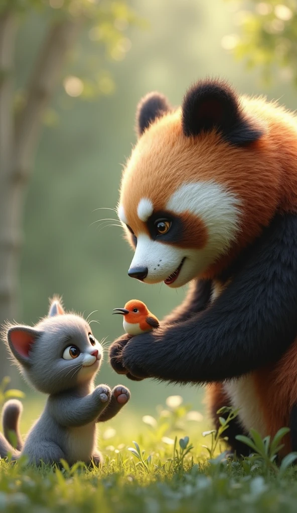 A small gray cat (Luna) and a big fluffy panda balack and Helping the Stuck Bird
A tiny, colorful bird is trapped in a bush. Bao carefully uses his paws to free it, while Luna watches with concern. The bird flaps its wings and looks grateful. in 3d