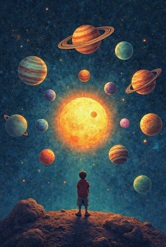 a mirror planet with a little planet inside him and a blue/yellow sky aroud him