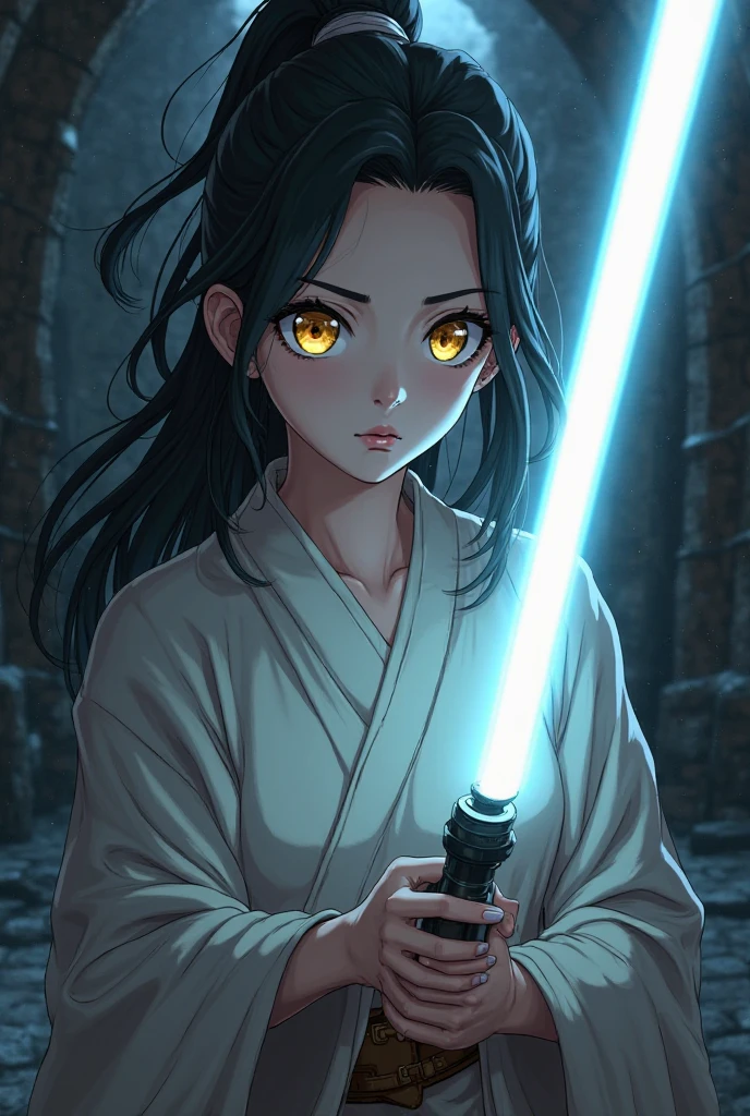 Masterpiece, best quality, 1girl, jedi, lightsaber, white robe, deep cleavage, pale skin, pointy ears, holding lightsaber, space background, cinematic, ominous, dramatic lighting, anato finnstark, hews