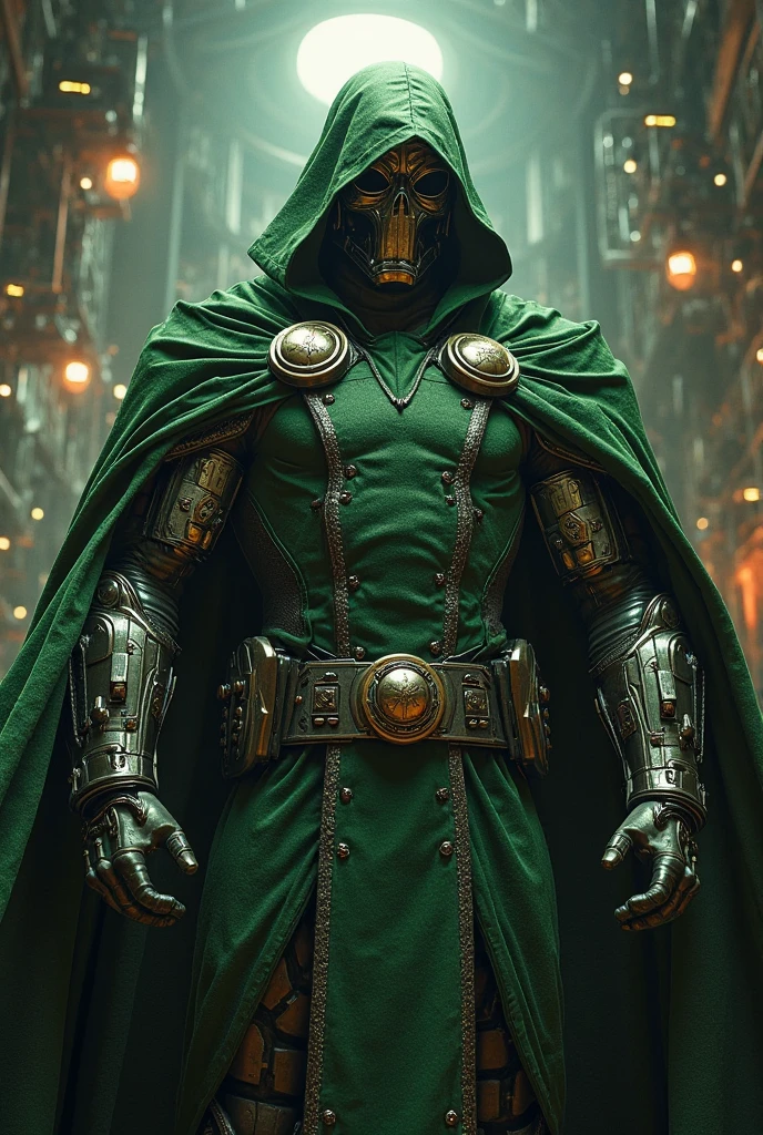 photorealism, hyperrealism, cinematic, A stunning street style portrait of a rugged post-apocalyptic, of Victor Von Doom as Doctor Doom, braving the elements.using your mask. Dressed in traditional costume with military camouflage details with a worn texture, he stands against a desolate urban backdrop. Rain falls, creating a cinematic atmosphere as the drops hit the surface of the coat. Intricate details such as patched repairs and buckled straps accentuate the character's resilience and resourcefulness. The scene is captured in a high-contrast, emphasizing the interplay of light and shadows.