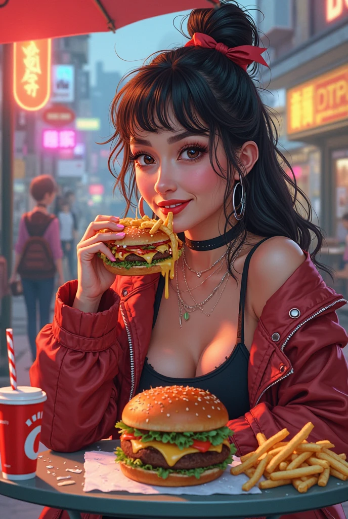 I need a photo of a girl eating a hamburger, Spotlight, with backlight lighting (so the girl has to be in profile clearly) black hair and black bangs eating hamburger