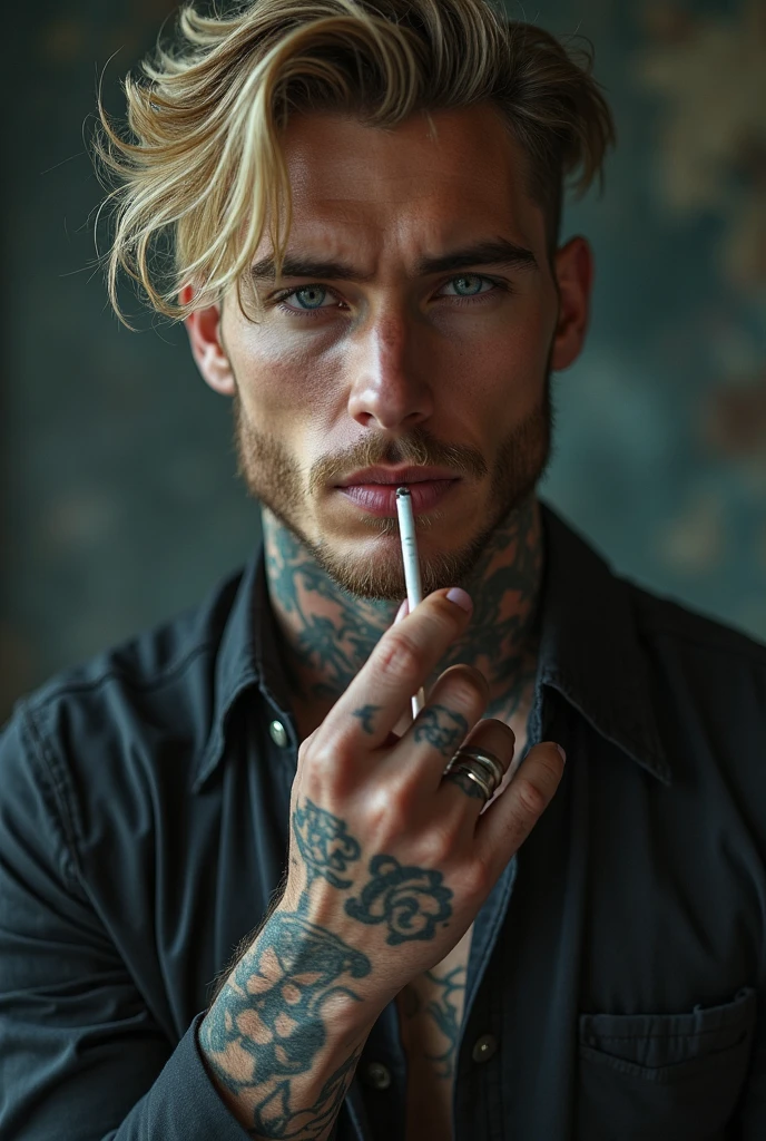 He is 22 years old, 1,88 m, with a muscular body, he has dirty, unkempt blonde hair, short and curly and icy blue eyes. various tattoos, with a mysterious and dark aura. A reckless man, carefree and always with a cigarette on his lips. sarcastic, but always with a stoic expression on his well-sculpted face, pink and soft lips and an intimidating gaze.