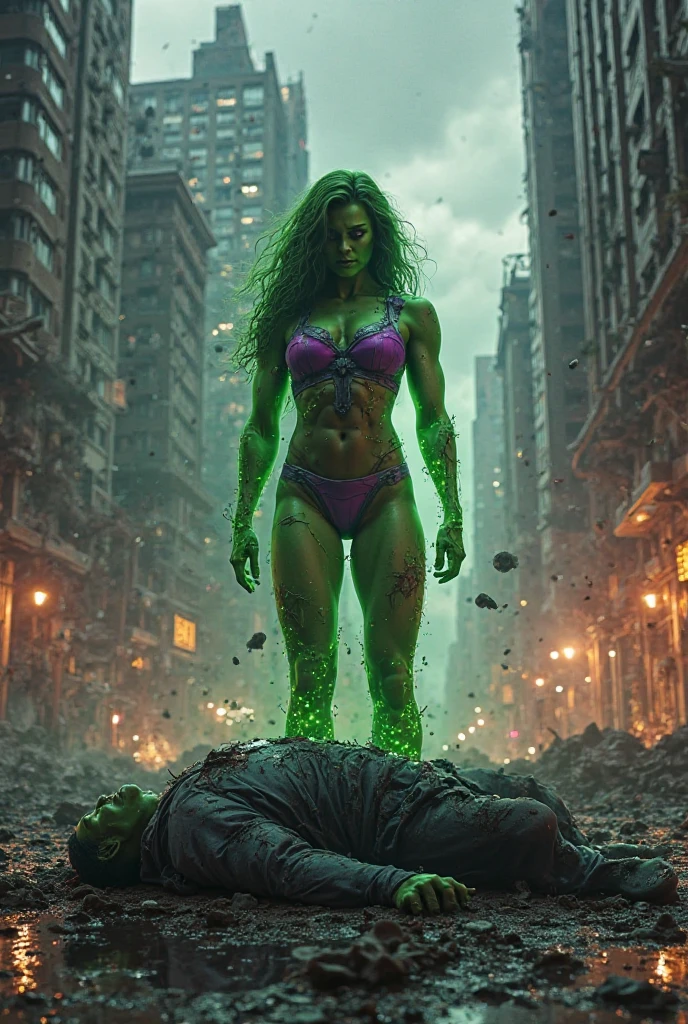 She Hulk Big tits, in a purple bra and thong panties, Half-sideways, big butt.Against the background of a ruined wall. High quality - high detail. cinematic. Ultra HD quality. Big tits