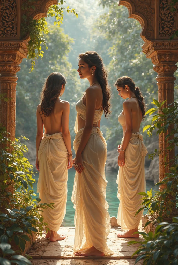 full body, naked, three females knee greek with cloak, female greek take a bath, painted of rugged zeus and queen hera, god of thunder, female greek god, white hair, masculine, mature, handsome, upper body, muscular, hairy torso, fantasy, intricate, elegant, highly detailed, digital painting, artstation, concept art, smooth, sharp focus, illustration, art by gaston bussiere and alphonse mucha, almost naked
