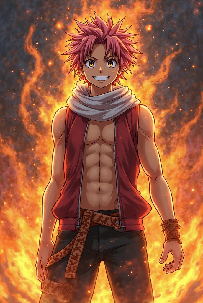 realistic, natsu dragneel, muscular, manly, tanned, brown skin, dark-skinned, messy spiky hair, salmon-pink hair, open black vest with gold trimmings, irises colored jade, downturned inner corner of the eyes, sharp draconic-like face features, elemental mage, fire, water, air, earth, metal, crystal, lighting, darkness, light