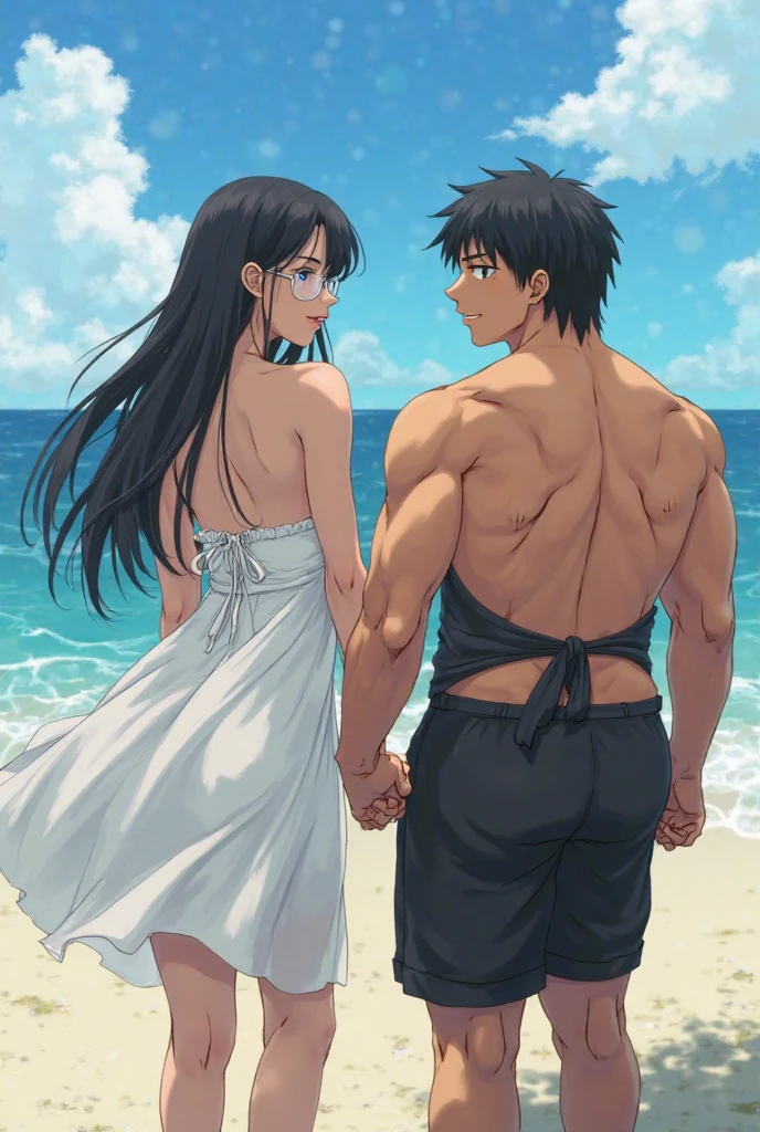 A man, wearing swim shorts, and a swimsuit together with his wife in a luxurious penthouse pool