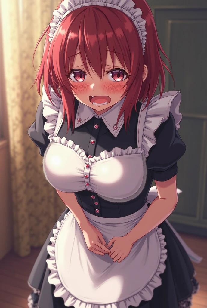 Tabletop, highest quality, Airlive 4,  Thighs Thighs Thighs, black Thighs Thighs Thighs, apron, zettai ryouiki, Maid, Maidの頭飾り, Cleavage, Wrist cuff,(Masturbation:1.8),One girl,(Browsing Caution:1.8),(Straddling the viewer&#39;Body:1.4),alone,Inseam perspective、Hypno Lola、
Hollow Eyes,Sweat:1.5,Love Juice:2.5,Torture chamber
