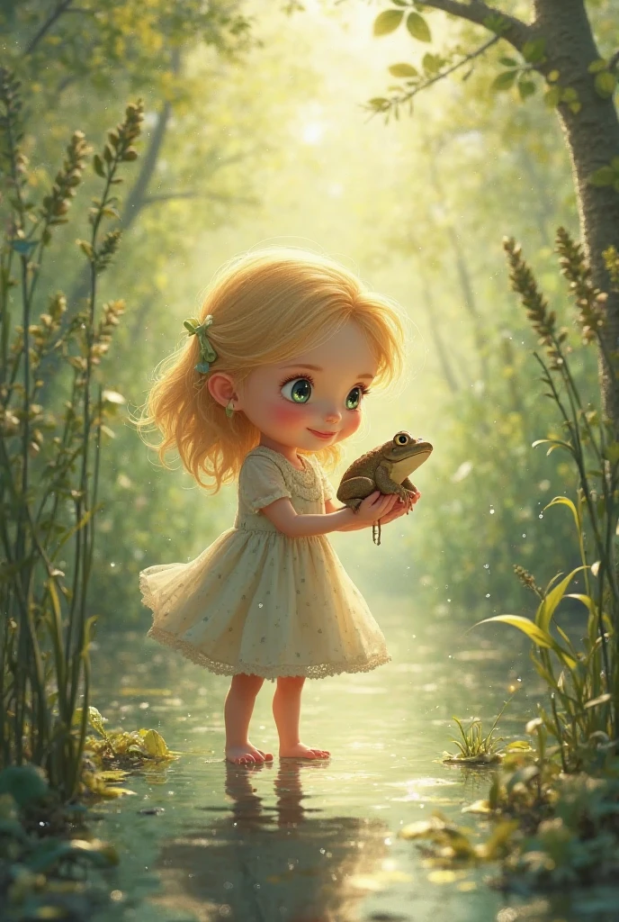 The  girl with long wavy light blonde hair in two high ponytails, wearing her light blue dress and yellow shoes, kneeling by a small pond, gently touching the water with a soft smile as ducks swim by. https://www.seaart.ai/explore/detail/cr5okdle878c73de7n90