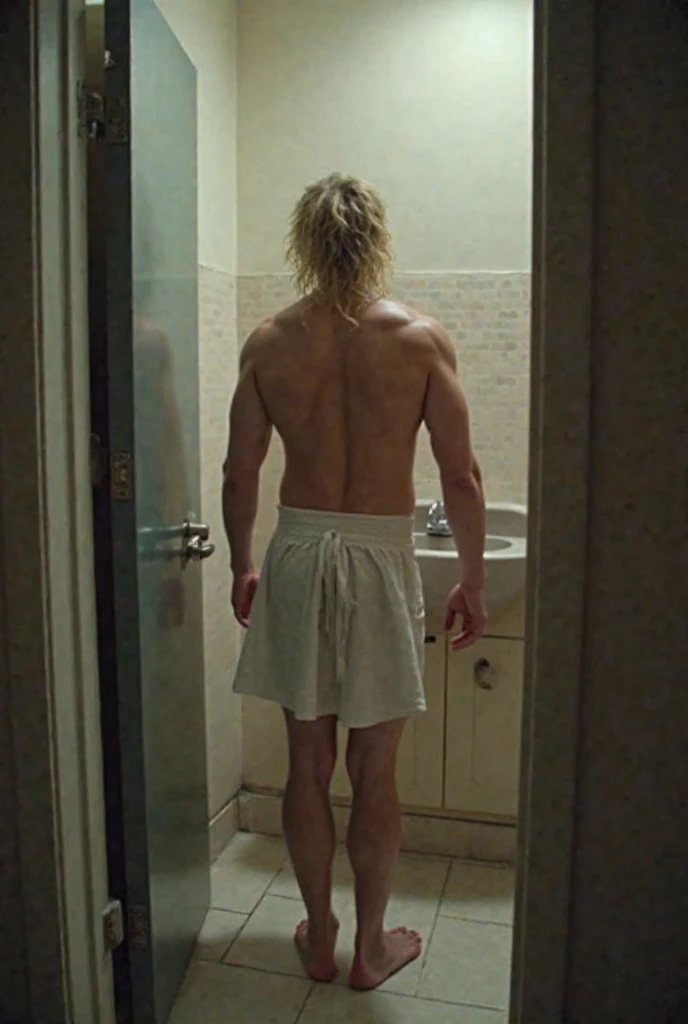 a blonde man taking a shower completely naked,detailed realistic nude male body,highly detailed skin texture,dramatic lighting,photorealistic,intricate details,chiaroscuro,cinematic composition,dramatic shadows,warm color tones