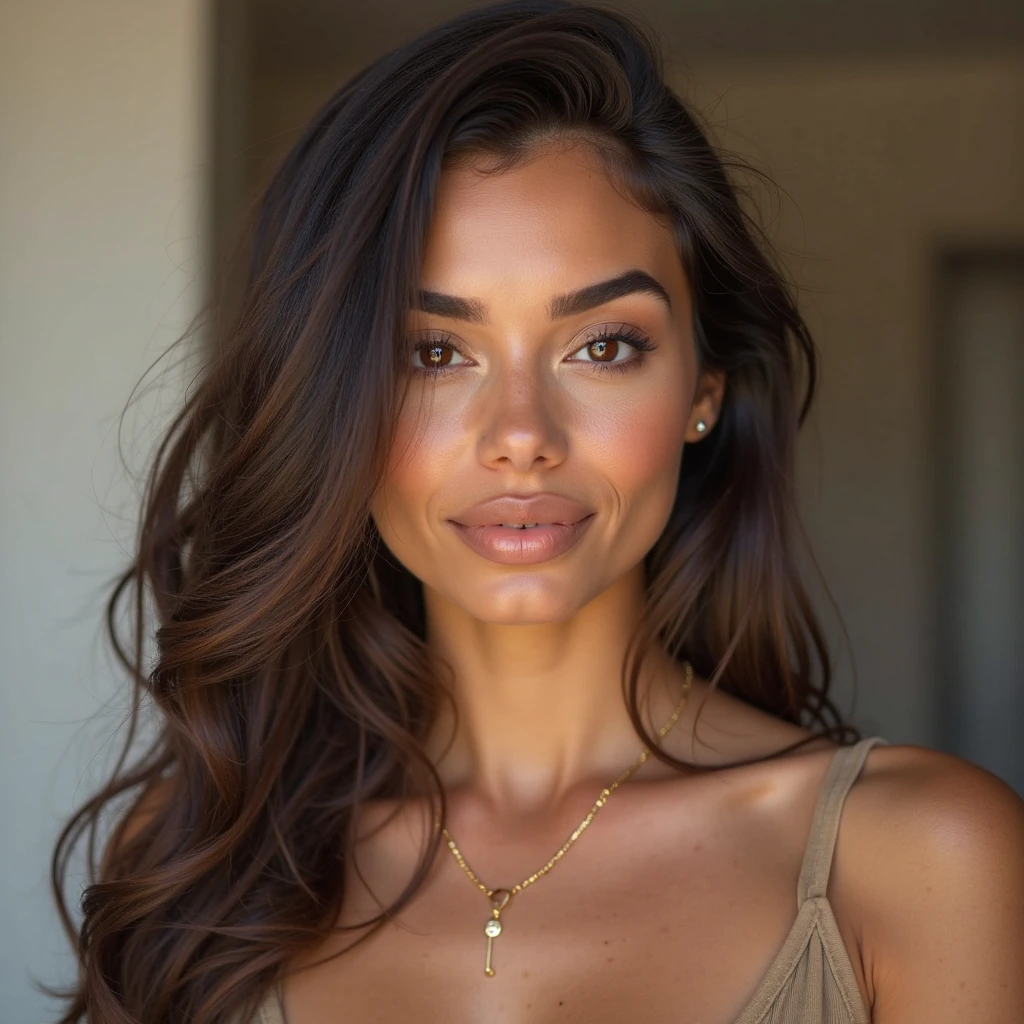 (Jewellry:1.3), very warm colors, tan skin, beautiful brunette, (high detailed face), (high detailed skin texture), (high detailed hair), (high detailed eyes), brown eyes, (long straigh dark hair), 1 girl, 20 years old, brown skin, face thin nose, photography, ultra-realistic, 8k, backlit, white crop top, perfect teeth, fit girl, bottom-up view, shiny hair,