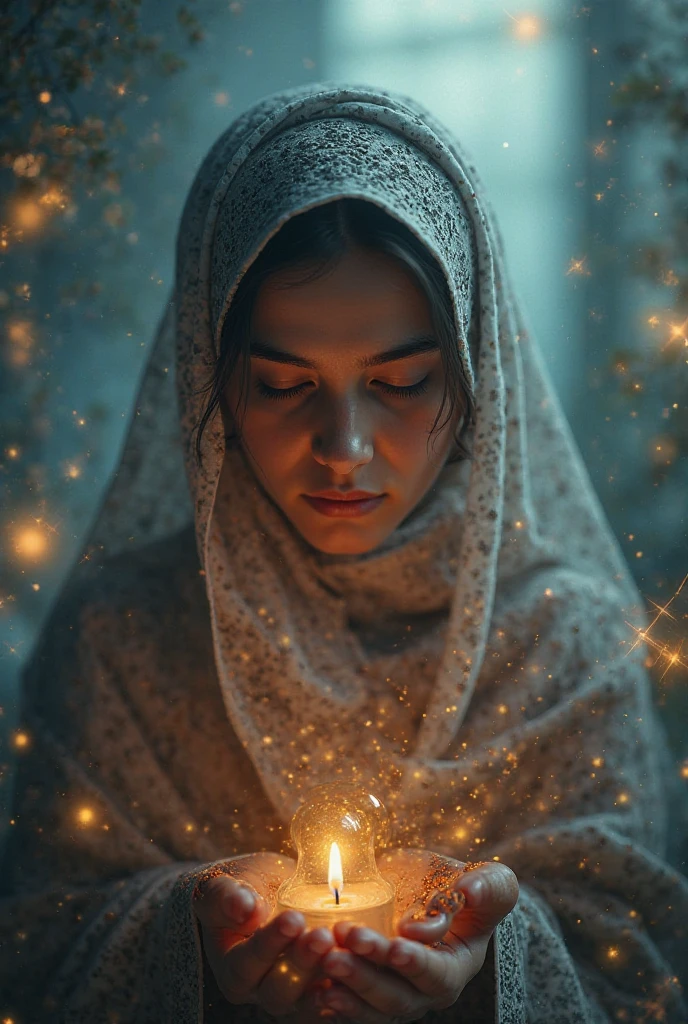 "Imagine a serene moonlit night in a dense Malay jungle where a girl in hijab practices traditional martial arts surrounded by mystical fireflies. Capture the elegance and grace of her movements as the fireflies create a magical aura around her."