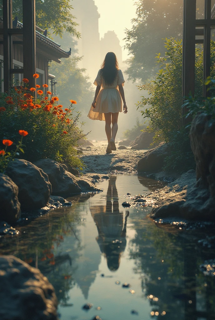 A cable bridge and a girl sitting on the bridge