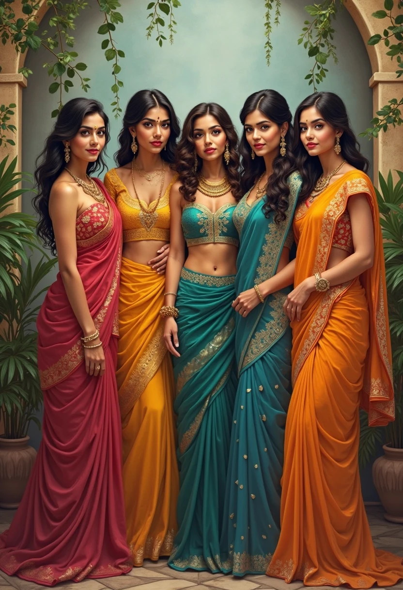 Six queens walking in a golden castle, exotic girls, no bare part of body, indian, looking at the viewer, shining skin, perfect lighting, the embodiment of grace and elegance, (saree and bra), (Big Tits coveredwith saree),cleavage, clear curvy details, beautiful curves, detailed eyes, detailed pupil, volumetric lighting, Ultra Detailed, unity 8k wallpaper, ultra detailed, aesthetic, masterpiece, best quality, photorealistic, hindu girls, wearing saree on full body