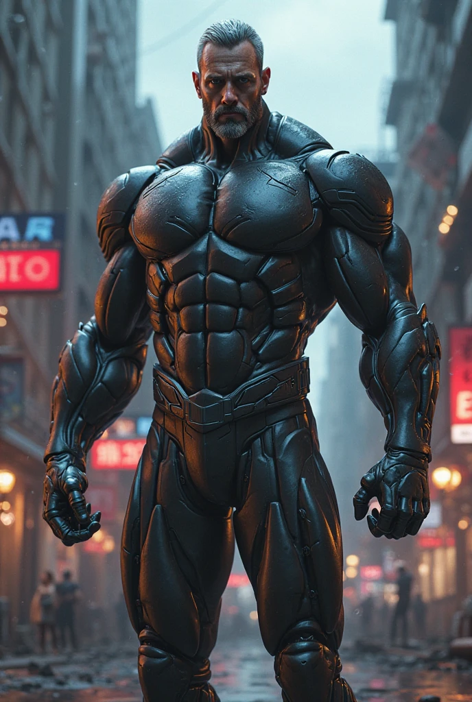 Steel-skinned superhero bending bars