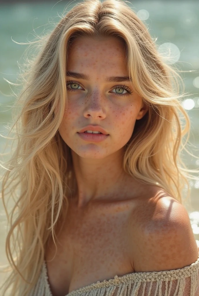 (best quality,highres), blond hair, long hair, beautiful woman on the Malibu beach,bright eyes,serious facial expression,full lips,freckles on face,mole above upper lip,mole under lip,Canon f/1.8 35mm lens
