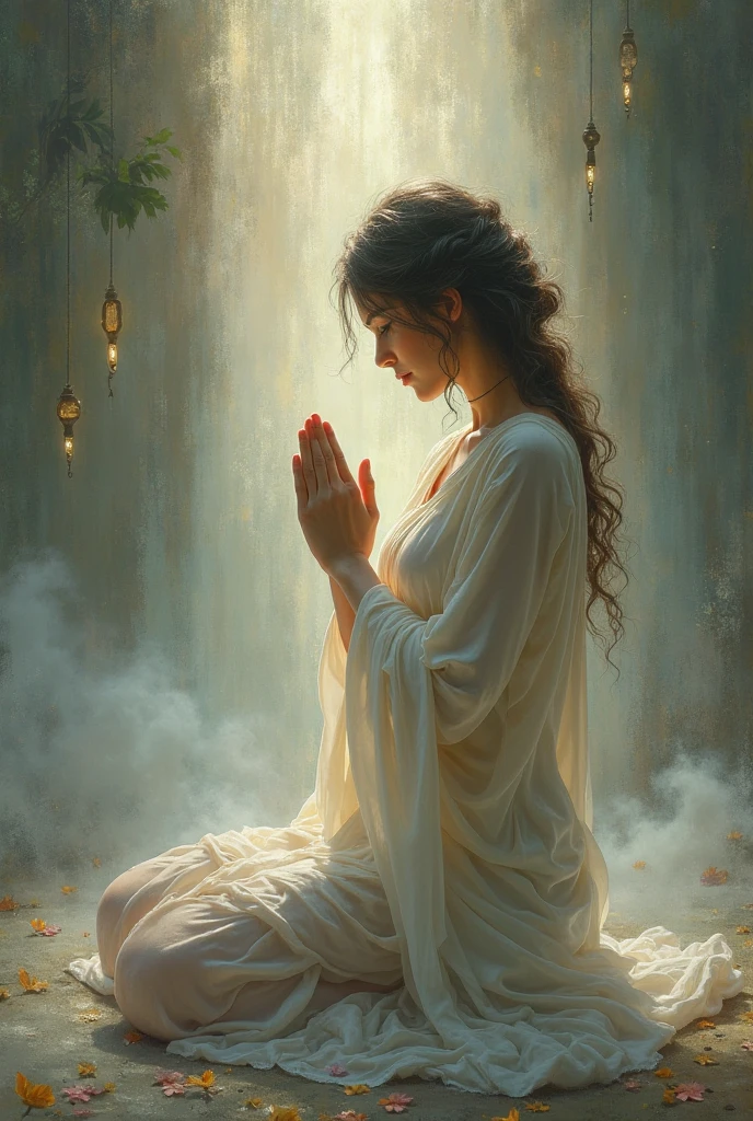 painting of a woman in a sari sitting on a floor in the rain, by Max Dauthendey, beautiful depiction, by Saurabh Jethani, by Jitish Kallat, realistic oil painting, indian art, painting of beautiful, oil painting of realistic woman, dramatic artwork, stunning artwork, religious painting, by Daryush Shokof, realistic painting