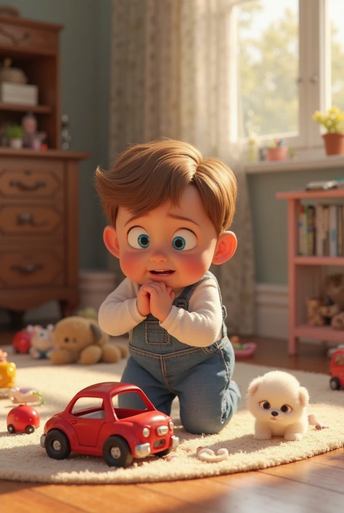 A 3 month old baby with blue eyes, blond short hair, a mustard colored short sleeved shirt with a Star Wars drawing lying on a white blanket with animal drawings