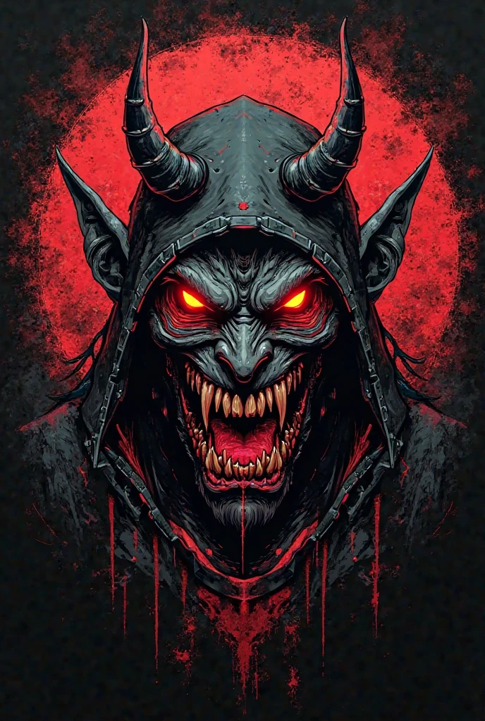 detailed illustration of a demonic mask. The mask has an intricate design with lines and textures that seem to imitate the appearance of carved wood or bone. The eyes are large and dark, with an intense and threatening look. The mouth is open in a sinister smile, revealing a row of sharp teeth. The characteristics of the mask, such as pointed ears and ornamental patterns, They give it a terrifying and supernatural appearance. The illustration conveys a feeling of malevolence and mysticism. black and white colors