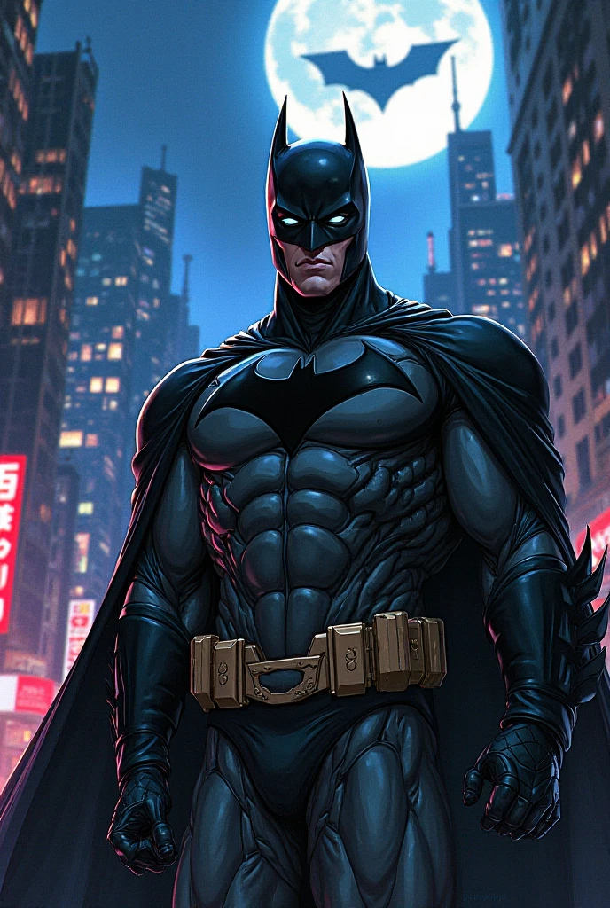 Batman、Emphasis on the crotch、The background is the city of New York、Dark and spooky atmosphere