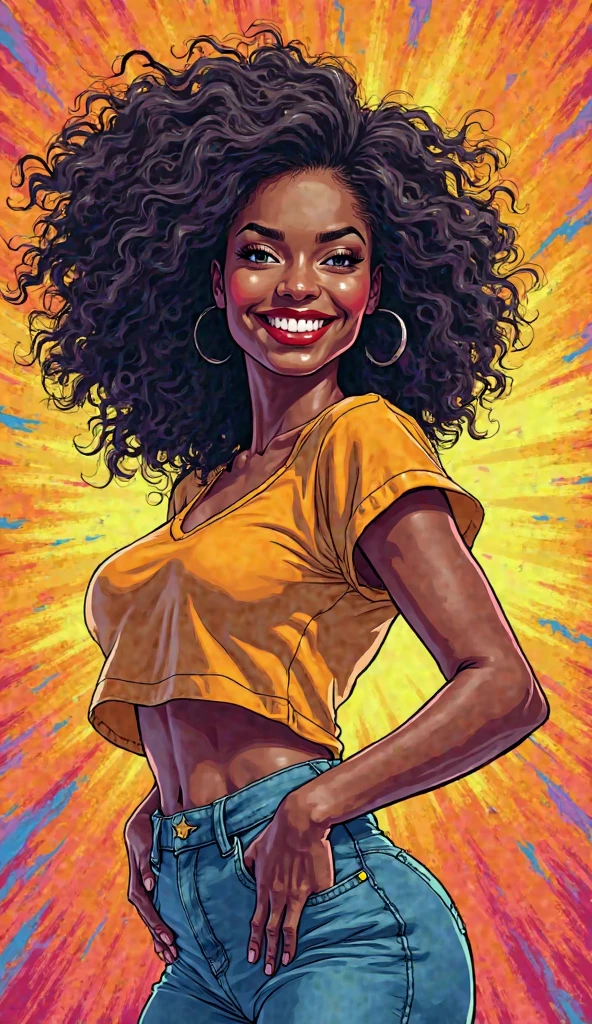 A busty girl with a banana in her hand, in the style of 80s comics 