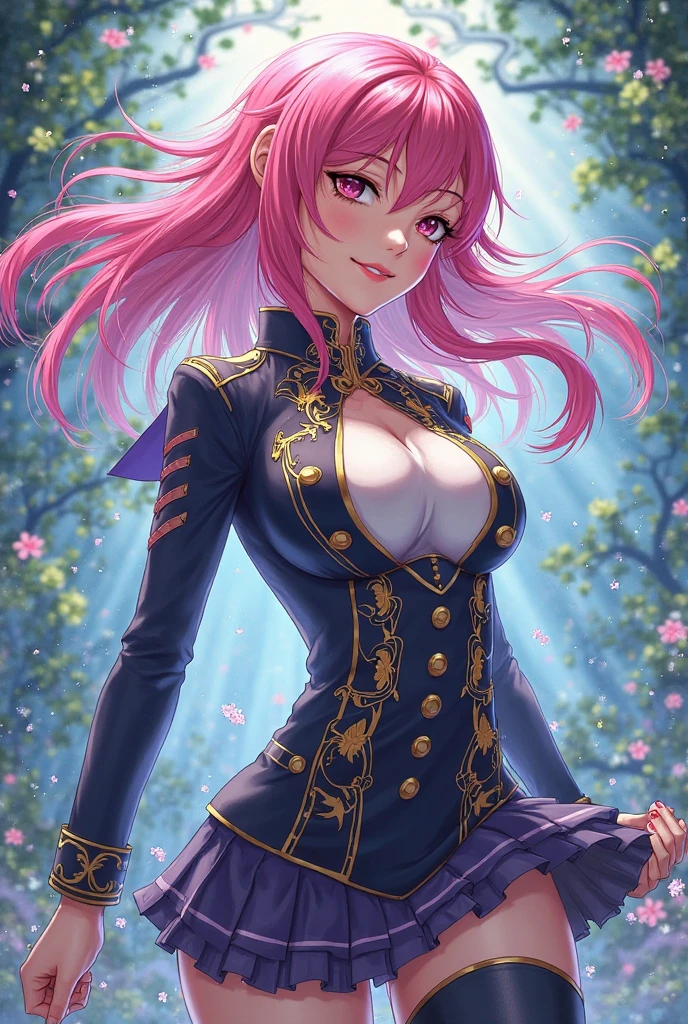 masterpiece, best quality, feMarisa, pink hair, ponytail, fake bunny ears, bare shoulders, cleavage, choker, leotard, pink pantyhose, black gloves, blushing, looking at viewer, open mouth, frustrated, furrowed brow, garden, flowers <lora:marisa-nvwls-v1-000010:0.9>