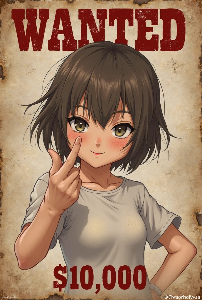 score_9_up, score_8_up, score_7_up, 1girl, solo, source_anime, hourglass figure, Big breasts, kemonomimi, bear ears, brown hair, short hair, messy_hair, blue eye BREAK freckles, green shirt, short sleeves, navel, denim shorts, upper body, holding, holding paper, paper, white paper sign, smile, closed mouth, white background, simple background, looking at viewer