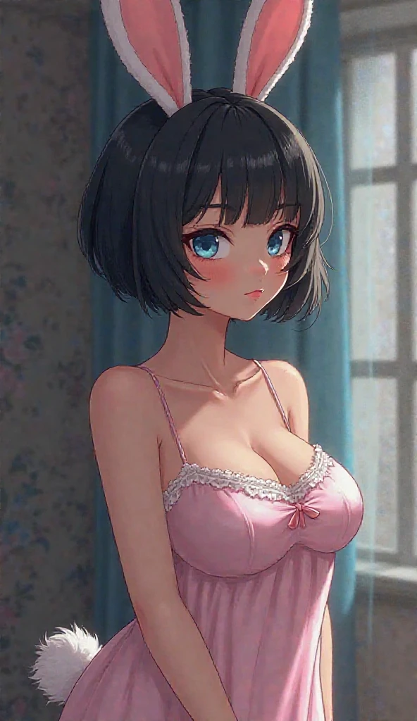 top-quality,ultra-detailliert,masterpiece,realisitic,Photo Real,The lights are dim,SFW、1 girl in, Very young girl, (kawaii:1.2)、Black eye、A dark-haired、bob cuts、(bangss)、perfect glossy skin、flawless skin、big breasts thin waist, Short stature、Look at viewers,cardigan、White bra、White panties、sockes、full of shyness、 natta、Stand in the hallway behind the door、From above