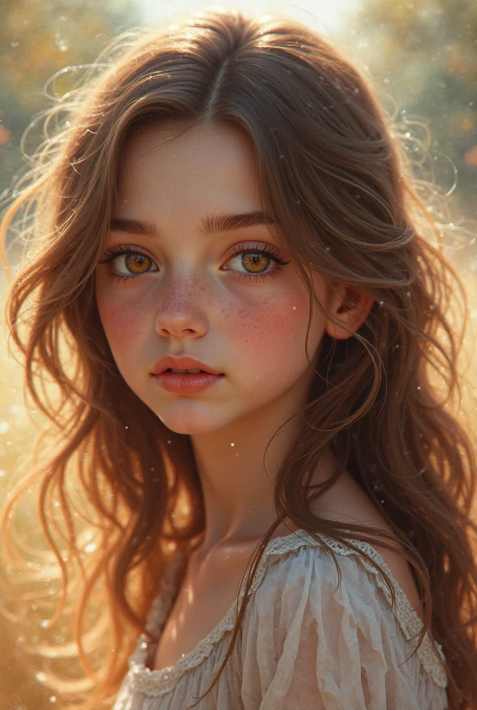Innocent face of a age girl with angelic green eyes pixie nose long narrow face and sharp jawline
