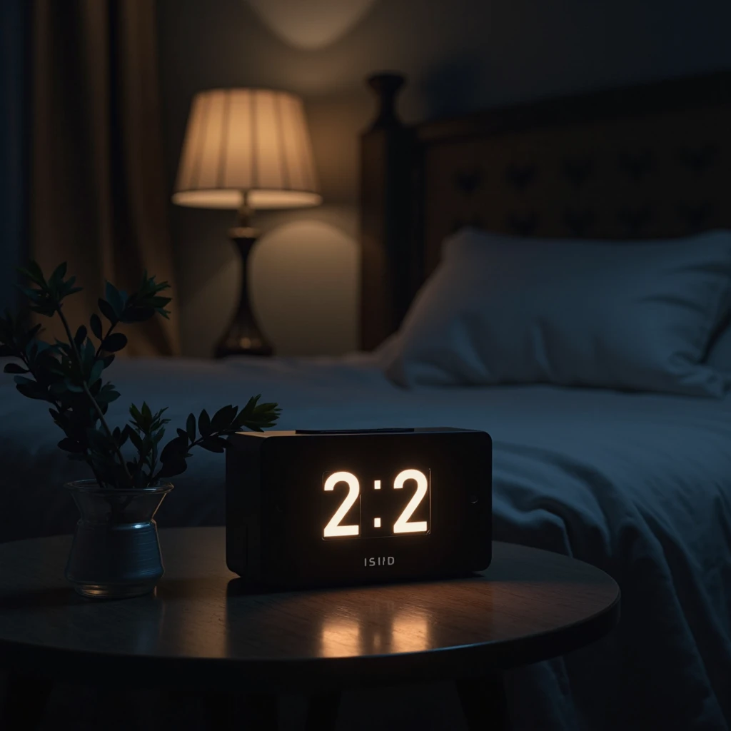a digital clock on the table in a room that marks 2:22, In the background that you can see the edge of a bed.
The image must have low lighting.